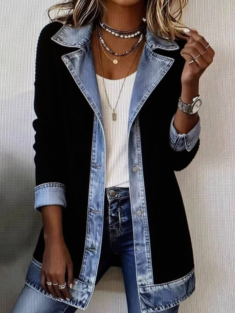 Denim pattern & black long sleeve button up shirt XXXL